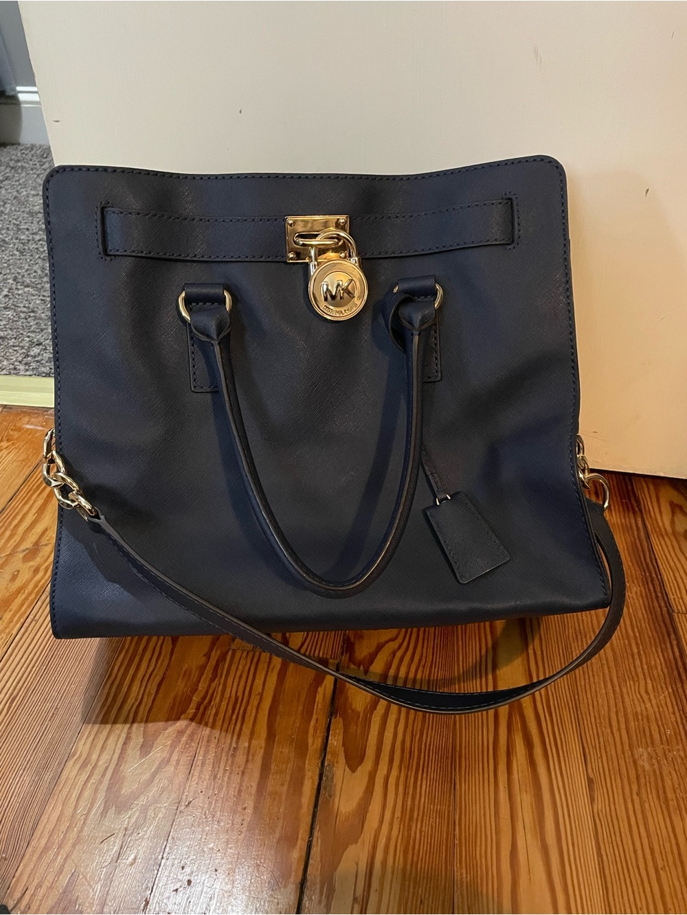 Michael Kors Navy Leather Tote with Gold Accent Lock